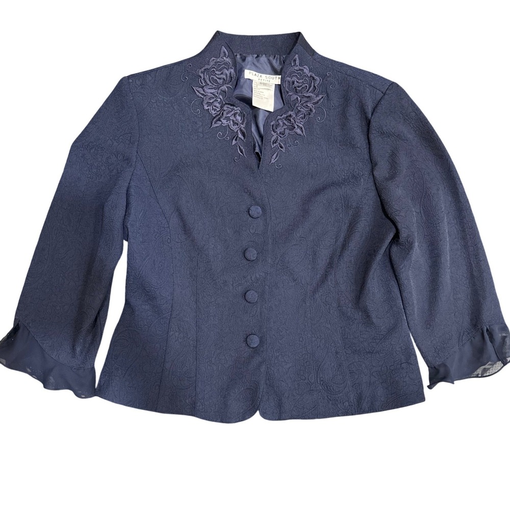 Plaza South Petite Navy Paisley Jacquard Blazer Floral Embroidered Ruffle 8P